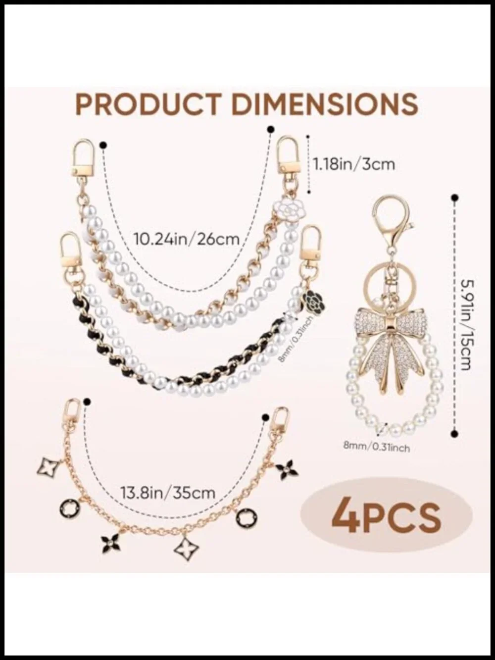 4-Piece Purse Charm Set - Pearl Chains, Rhinestone Bow, Gold-Tone Bag Chain